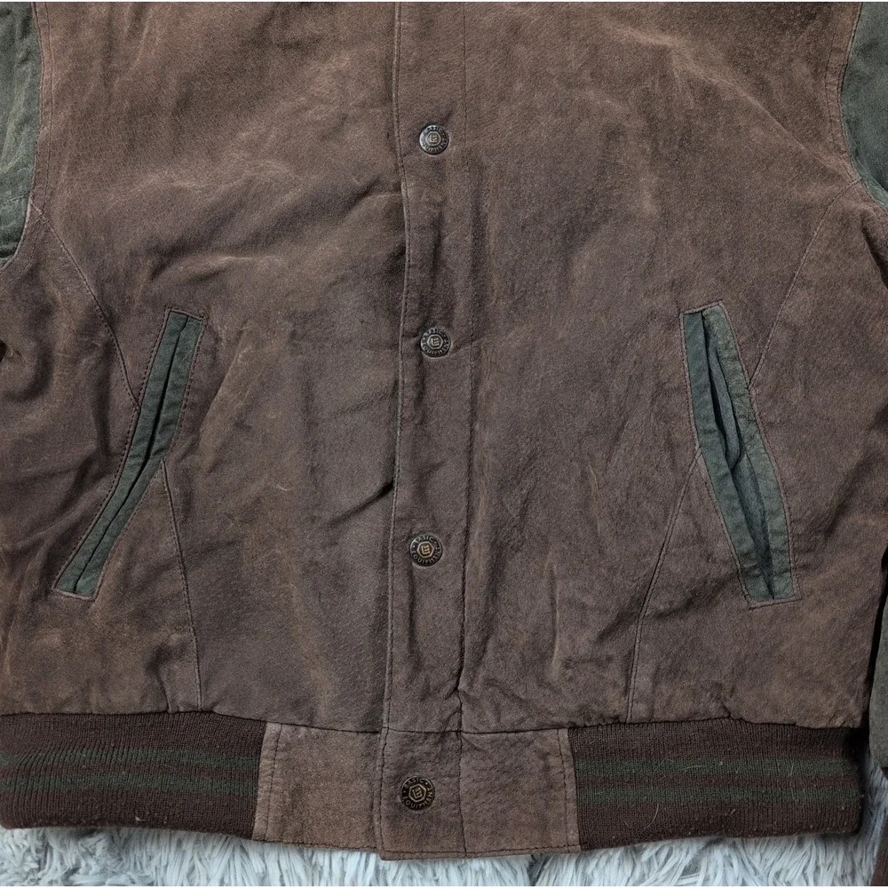 Basic Editions Jacket Mens S Brown Green Leather Suede Varsity Coat Pockets